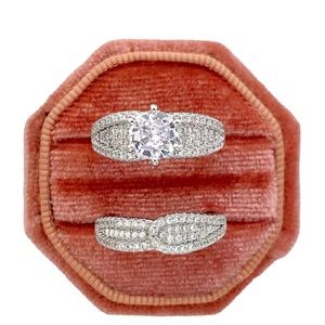 New Sparkling Zirconia Diamond Ring & Band Set sz 7-10 Silver Plated Jewelry